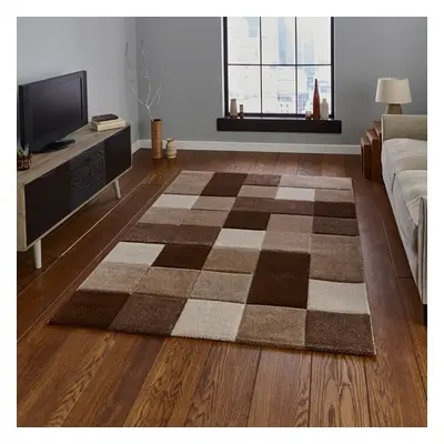 (160x220cm) Brooklyn Modern Rugs in Squares of Beige and Brown Thick Soft Mats