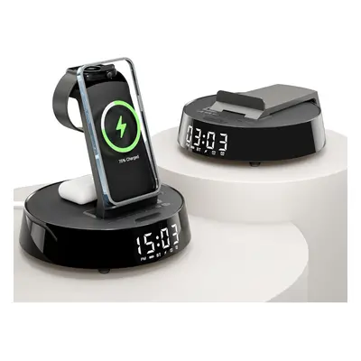 (Black) Wireless charger for iphone, radio alarm clock with wireless charging station, bluetooth