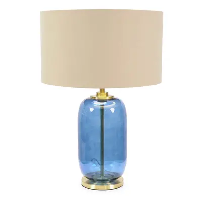 ValueLights Leigh Beige & Gold Navy Blue Glass Gold Table Lamp & Bulb