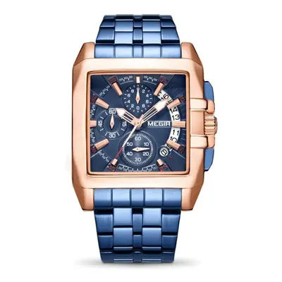 (blue,rose) Megir Blue Stainless Steel Men Watch Rectangle Big Dial Business Quartz Men&apos;s W