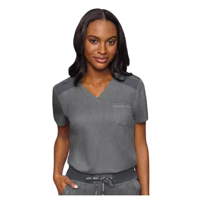 Med Couture Women's V-Neck Scrub Top Modern Fit Tuck-in Top with Stretchy Rib-Knit Shoulders and