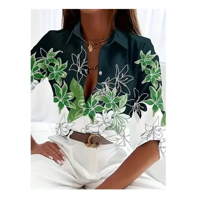 (B25SLTH24614150515, XL) Boutique Pattern Printed Button Long Sleeve Women's Shirt Vintage Elega