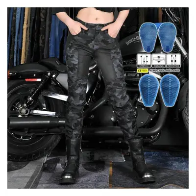 (blue, M) Loong+biker+ Camo Motorcycle Slim Fit Anti Drop Pants+motorcycle Jeans+women&apos;s Kn