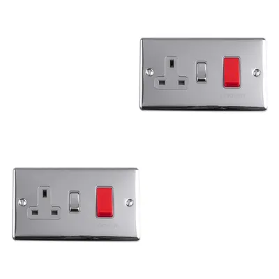 2 PACK 45A DP Oven Cooker Switch & 13A Switched Power Socket CHROME & GREY Trim