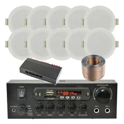 Bluetooth Ceiling Music Kit Zone Stereo Amp & 10x Low Profile HiFi Speaker