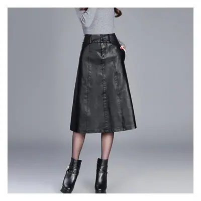 (black, 3XL) Women Black Leather Skirt Autumn Over Knee High Waist Pu Skirt Casual Female Plus S