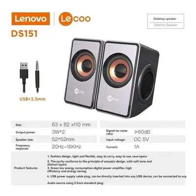 (grey) Lenovo Lecoo Ds151 3.5mm Audio Computer Desktop Speaker 4d Sound Dual Speaker Dual Diaphr