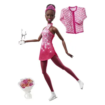 Barbie Winter Sports Ice Skater Brunette Doll (12 Inches) with Pink Dress Jacket Rose Bouquet & 