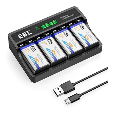 EBL Volt 600mAh Rechargeable Batteries Li-ion Batteries with Smart LCD 9V Battery Charger for 9V