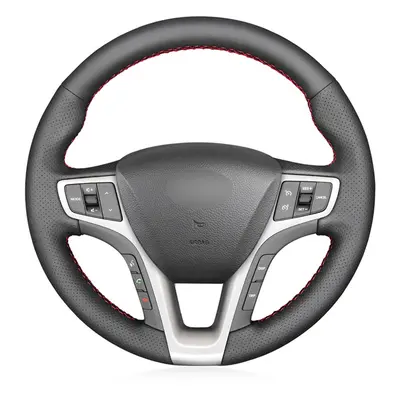 (Dark Gray Thread) Black PU Faux Leather DIY Hand-stitched Car Steering Wheel Cover for Hyundai