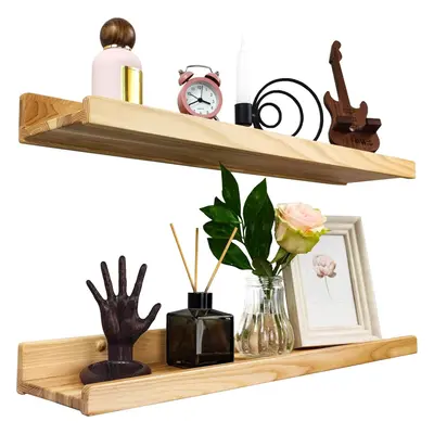 (24in set 2, Natural) Handcrafted Floating Shelves for Wall 60cm, Waterproof Wall Storage Shelve