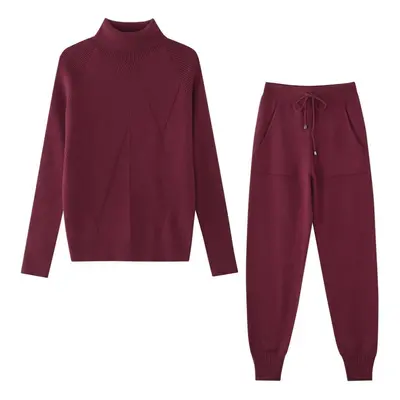 (burgundy, One Size) Taovk Winter Women&apos;s Tracksuit Solid Color Striped Turtleneck Pullover