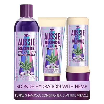 Aussie Blonde Hydration Purple Shampoo, Hair Conditioner and Minute Miracle Hair Mask Set. A Sha