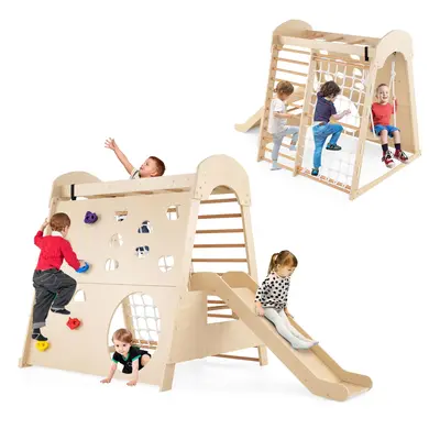 Coswtay 8-in-1 Indoor Jungle Gym Wooden Playground With Climbing Wall-Natural