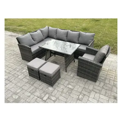 Fimous Wicker Rattan Garden Furniture Corner Sofa Set with Oblong Dining Table Small Footstools 