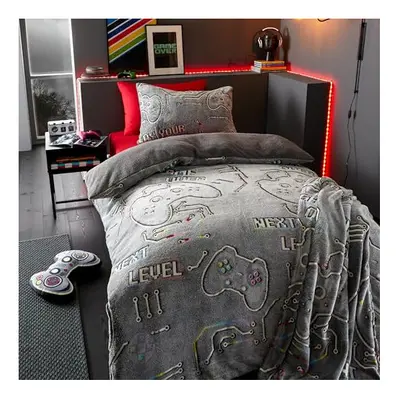 Catherine Lansfield Game Over Glow in the Dark Fleece Single Duvet Cover Set with Pillowcase Bla