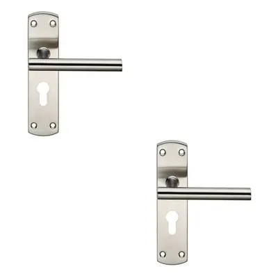 2x Mitred T Bar Lever Door Handle on Euro Lock Backplate x 44mm Satin Steel