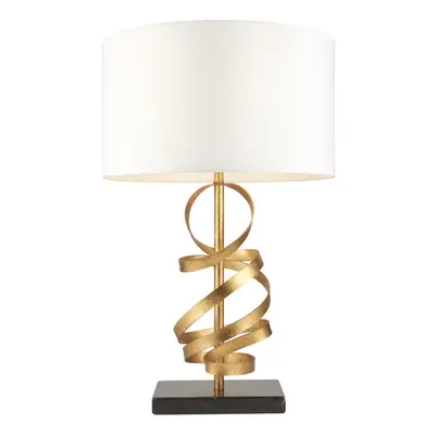 Hammered Gold Leaf Ribbon Table Lamp Light & Ivory Shade - Black Marble Base