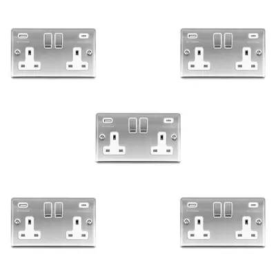 5 PACK Gang UK Plug Socket & 2x 3.1A USB-C & A SATIN STEEL & WHITE 13A Switch