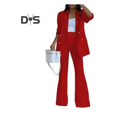 (red, XL) Pcs/set Women Coat Pants Set Lapel Double-breasted Mid Length Cardigan Long Sleeve Jac