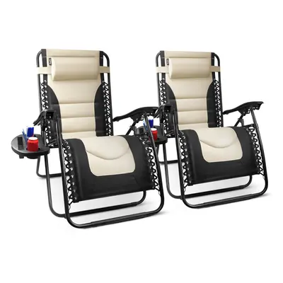 (Cream and Black) KEPLIN Set of XXL Premium Heavy Duty Textoline Zero Gravity Chairs - Luxurious