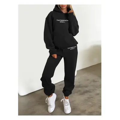 (Black, M) Women's Letter Print Hoodie and Jogger Set Stylish Casual Fleece Loungewear Outfit