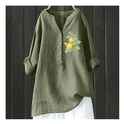 (HCY37, L) Women's Autumn Winter New Fashion Printed Button Up Shirt Long Sleeved Bamboo Linen C