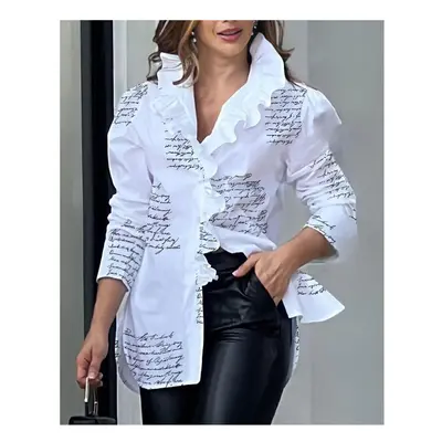 (2, XXXL) Elegant Women's Shirt Spring V-neck Printed Bubble Sleeve Ruffle Edge Collar Women's S