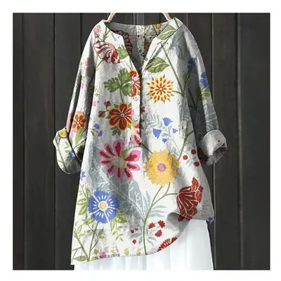 (HCY12, M) Women's Autumn Winter New Fashion Printed Button Up Shirt Long Sleeved Bamboo Linen C