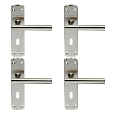 4x Mitred T Bar Lever Door Handle on Lock Backplate x 44mm Satin Steel