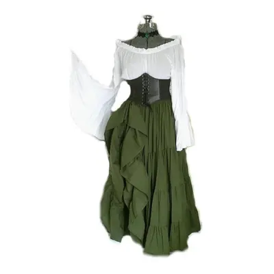 (green, XL) Renaissance Classic Women Vintage Retro Vogue Flare Sleeve Pirate Gypsy Dress Chemis