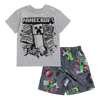 Minecraft Creeper Big Boys Drop Shoulder T-Shirt and Shorts Outfit Set Graffiti Grey