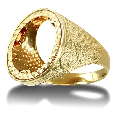 (S) Jewelco London Men's Solid 9ct Yellow Gold Floral Engraved Full Sovereign Mount Ring - JRN18