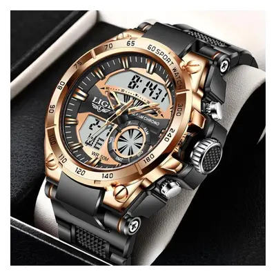 (Rose Gold) LIGE MenÃ¢s Watches Top Brand Big Sport Watch Luxury Men Military Silicone Quartz Wr