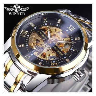 (white) Winner Golden Black Diamond Dial Skeleton Stainless Steel Waterproof Luminous Hand Rome 