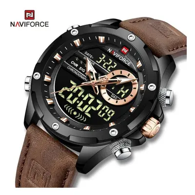 (Black, 260mm) Naviforce NF9208 Dual Display Quartz Analog LCD Digital Men&apos;s Watch Leather 