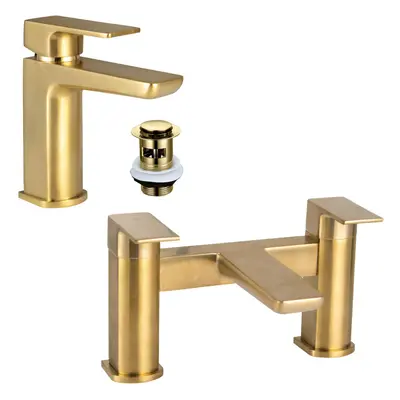 Curve Brushed Brass Basin & Bath Filler Tap Pack