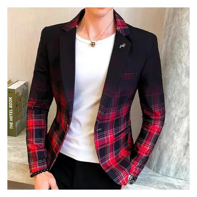 (red, XXL) Men Blazer Colorblock Plaid Blazer Men Slim Casual Man Blazers Wedding Business Party