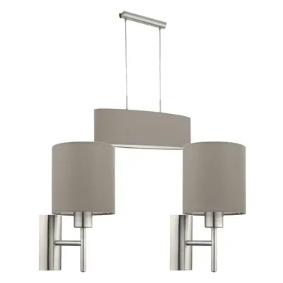 Ceiling Pendant Light & 2x Matching Wall Lights Satin Nickel Taupe Fabric Linear