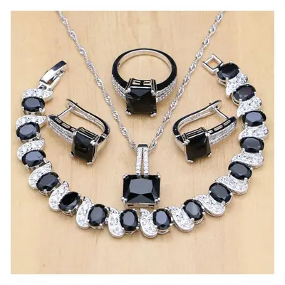 (black, 7.5) Silver Color Bridal Jewelry Black Stone White Cz Jewelry Sets For Women Wedding Ear