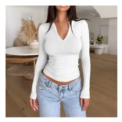 (WHITE, S) Spring Summer Women's Long Sleeve Top Lady's Solid Color V-neck Zipperslim-fit Bottom