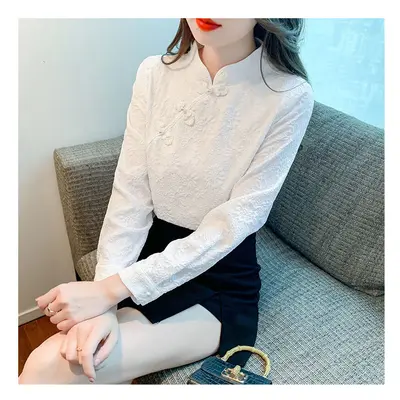 (WHITE, XXXL) Retro Buttoned Long-sleeved Shirt for Women Spring New Style New Chinese Style Inn