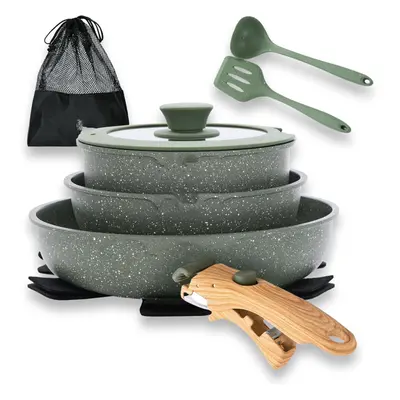 (Green) Non Stick Cookware Set, Piece Granite-Coated Induction Pots and Pans Set with Detachable