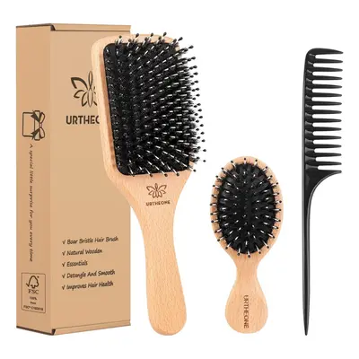 Boar Bristle Hair Brush and Comb Set for Women Men Kids, Best Natural Wooden Paddle Hairbrush an