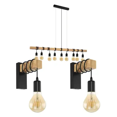 Multi Bulb Ceiling Pendant Light & 2x Matching Wall Lights Black & Wood Trendy