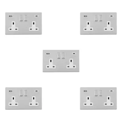 5 PACK Gang Double 13A UK Plug Socket & 2x 3.1A USB-C SCREWLESS CHROME Charger