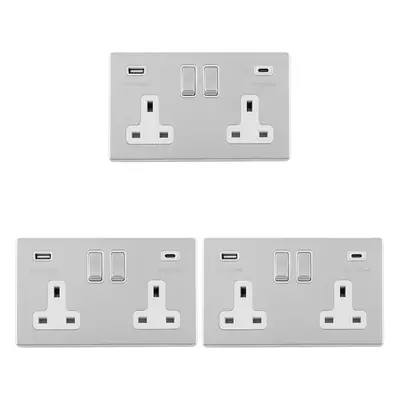 3 PACK Gang Double 13A UK Plug Socket & 2x 3.1A USB-C SCREWLESS CHROME Charger