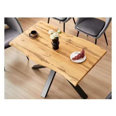 Durable Wooden Dining Table with X-Shaped Iron Legs, Curved Edge for Dining, Work, or Study (Len