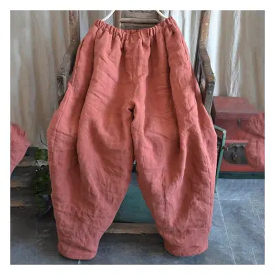 (orange, One Size) Johnature Women Winter Wide Leg Pants Cotton Linen Warm Trouser Solid Color E