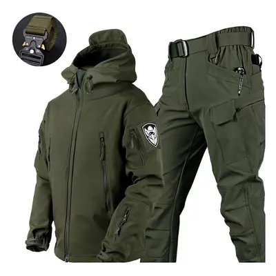 (Green Suit X7, 45-55kg) Waterproof Hiking Tracksuit Set for Men Sharkskin Army Jackets Camping 